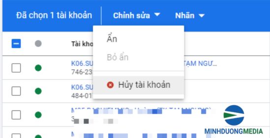 Hủy tài khoản Google thông qua MCC