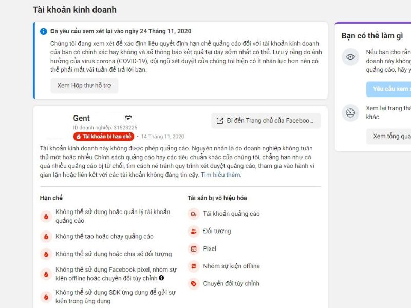 Tài khoản quảng cáo Facebook bị vô hiệu hóa